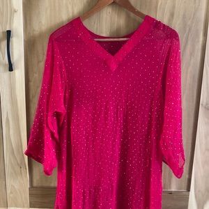 Hot Pink Fuchsia Sheer V-neck Tunic Kurti with Gold Dots